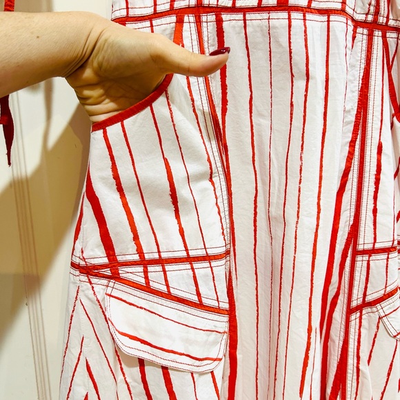 {LOVEBIRDS} Red & White Striped Designer High-Low Midi Dress - Picture 5 of 10